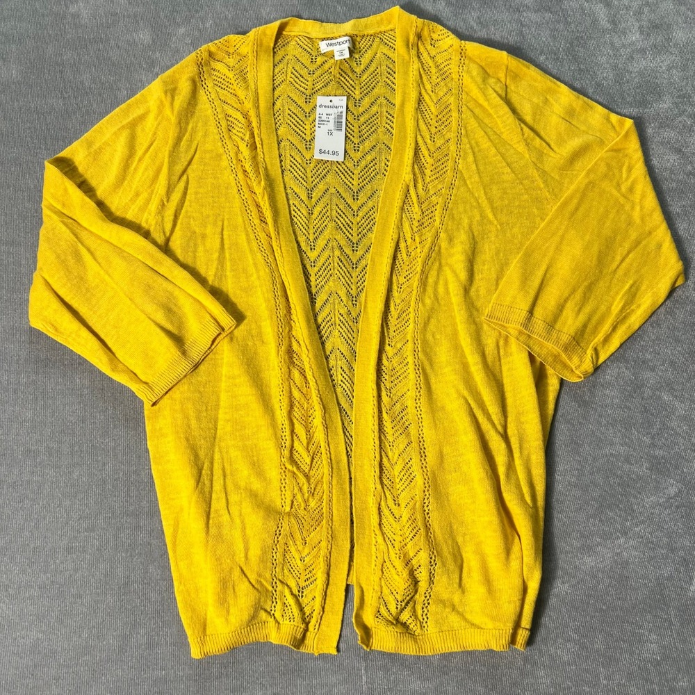 Westport Dressbarn Yellow Pointelle Chevron Open Front‎ Cardigan Cotton Linen 1X